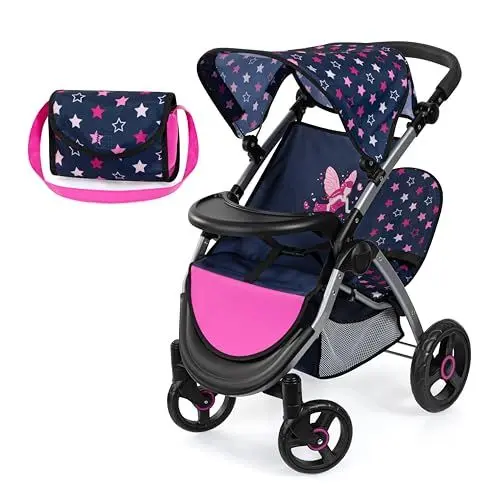 Produktbild: Bayer Design 39416AA Zwillingspuppenwagen, Puppenwagen, Geschwisterwagen, höhenverstellbar, klappbar, Tasche