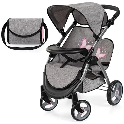Produktbild: Bayer Design 39433AA Zwillingspuppenwagen, Puppenwagen, Geschwisterwagen, höhenverstellbar, klappbar, Tasche, Jeans-grau, Rosa, 60x41x68 cm