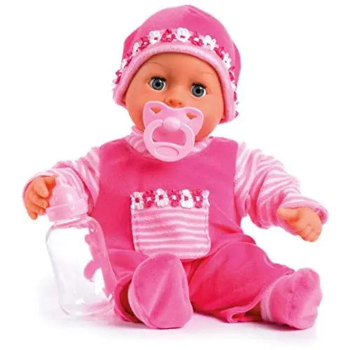 Produktbild: Bayer Design 93800-pink 93825AA Babypuppe First Words, Schlafaugen, spricht 24 Babylaute, weicher Körper, mit Schnuller und Flasche, 38 cm, pink
