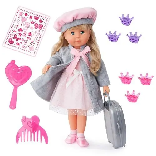 Produktbild: Bayer Design 94635AX Funktionspuppe Charlene mit Haaren und Schlafaugen, spricht und singt 90 Sätze, 2 Gedichte und 8 Lieder, 46cm, Puppe mit viel Zubehör, 1,30 kg, Rosa, Grau