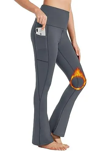 Produktbild: BAYGE Damen Thermo Bootcut Yogahose Winter Hohe Taille Fleece Gefüttert Wasserdicht Blickdicht Bauchkontrolle Slim Fit Leggings Sporthose Schlaghose Sweathose Fitnesshose mit Taschen, Grau, L