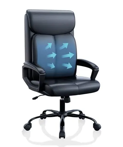 Produktbild: BAYGE Schreibtischstuhl ergonomischer, Bürostuhl Chefsessel Leder Schwarz, Drehstuhl 150 kg belastbarkeit mit gepolsterter Armlehne und weiche Kopfstütze, Rückenlehne,drehbar und Wippfunktion