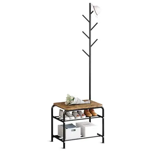Produktbild: Bayt Garderobenständer 177 cm - Garderobe mit Schuhbank - Eingangsmöbel 3 ablagen - Kleiderständer mit Schuhregal - Kleiderablage (Schwarz)