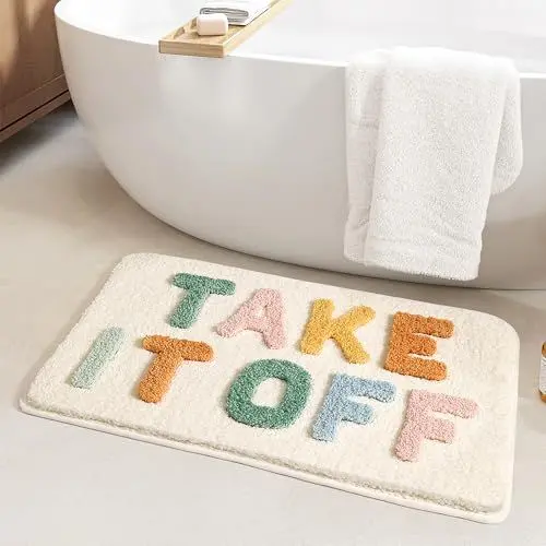 Produktbild: Bazasa Weiß lustiger Badezimmerteppich Take It Off niedlicher Badematte Maschinenwaschbar rutschfeste Badteppich Weiche Mikrofaser Wasserabsorbierend Badvorleger für Dusche Badewanne Toilette 50×80cm