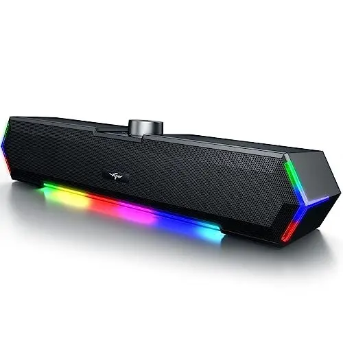 Produktbild: Bazivve V30 PC Lautsprecher, RGB Soundbar Gaming Lautsprecher, USB Betrieb 3,5 mm AUX Anschluss, Computer Boxen für PC, Monitor, Laptop, 12W, Schwarz