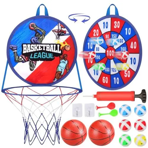 Produktbild: Basketballkorb für Zimmer,Dartscheibe Kinder Dart Mit 2 Ball,1 Pumpe,6 klebrigen Bällen,2 Darts Indoor/Outdoor Sport Fun Party Game,Spielzeug für 3-14 Jahren Jungen Mädchen Rot (Blau)