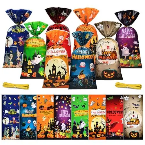 Produktbild: BBLIKE Halloween Cellophantüten mit Twist Krawatten, 120 Pcs Halloween Tüten, Plätzchentüten Beutel für Halloween-Party, Halloween Zellophantüten Für Halloween Süßigkeiten, Kekse, Snacks