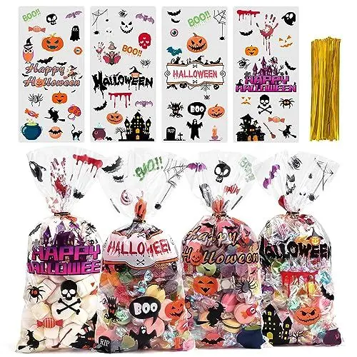 Produktbild: BBLIKE Halloween Tüten,Halloween süßigkeiten tüte, 120 Pcs Cellophantüten mit Twist Krawatten, Halloween Beutel für Halloween-Party, Urlaubsfeier, Halloween Tasche Für Halloween Sweets Kekse Snacks