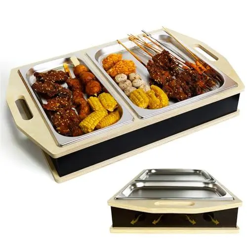 Produktbild: BBQ Board zum Warmhalten, Fleischwarmhalter mit Edelstahl Grill Plate, Grillgut Stövchen, Warmhaltebehälter Grillgut mit Belüftungslöchern, Speisenwärmer, Warmhaltebox Grillparty（Keine Lichter）