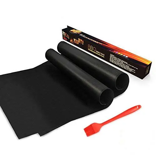 Produktbild: BBQ Grillmatten, 2er Set BBQ Antihaft Grill-und Backmatte Wiederverwendbar mit Silikonbürste - Toll über Kohle, Gas und Weber Style Grills - Perfekt für Fleisch, Fisch und Gemüse 40x33 cm