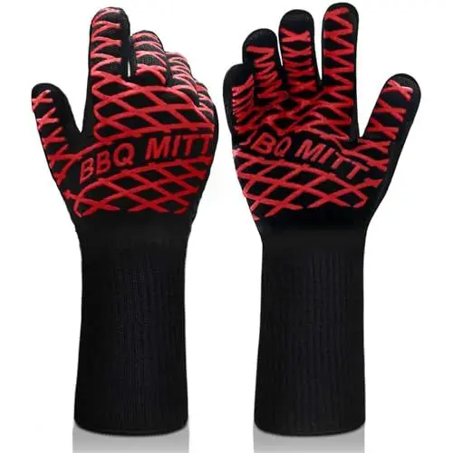 Produktbild: BBQ Handschuhe, Anti-Verbrühungs-Hochtemperaturbeständigkeit Feuerfeste Handschuhe Grillen Grill, Schnittfeste Grillhandschuhe, Küche Sichere Kochhandschuhe, 15 inch Lange Handschuhe (Rot)