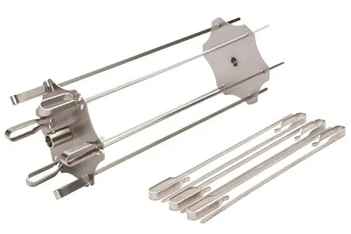 Produktbild: BBQNovation Edelstahl Rotisserie Spieß Set – Spieß-Rondell anex Gyros Scheiben für alle Drehspieße bis Ø14 mm – Inklusive 6 kurzen Spießen (30 cm) und 6 langen Spießen (41 cm)