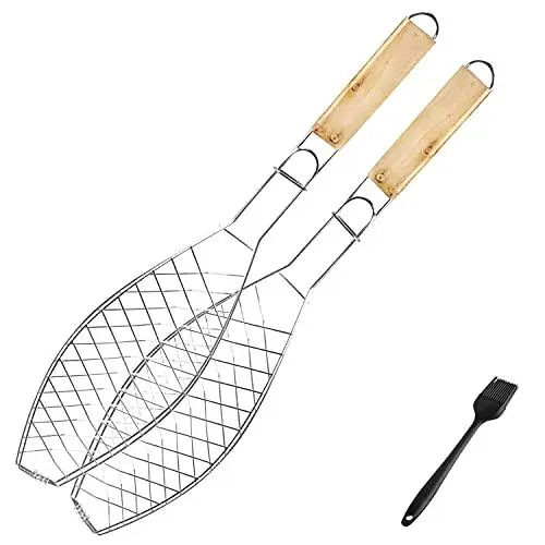 Produktbild: BBQ fischgrillgitter, fischhalter f¨¹r Grill, Edelstahl grillrost Fisch grillkorb, Wooden Handle Fisch Grillen Gitter, Kebab, Grilled Vegetables, Set of 2