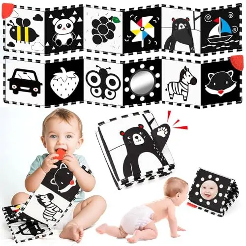Produktbild: BBWOO kontrastbuch baby, Stoffbuch Baby, schwarz weiss spielzeug baby, kontrast spielzeug baby, Kontrastkarten Baby Spielzeug 0 6 Monate Mit Beißring, neugeborenen geschenke geburt junge mädchen