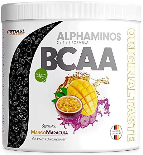 Produktbild: BCAA Pulver 300g MANGO-MARCUJA - Alphaminos BCAA 2:1:1 Drink mit 8000 mg BCAA - unfassbar leckerer Geschmack, Essentielle Aminosäuren (EAA) Leucin, Isoleucin & Valin - 100% vegan und laborgeprüft