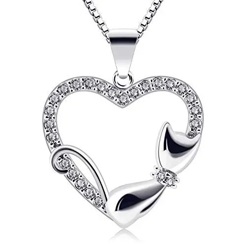 Produktbild: B.Catcher Kette Herz Damen Halskette Katze 925 Sterling Silber Schmuck Weihnachtengeschenk 45CM Kettenlänge für Damen Frau Freundin Tochter Mädchen