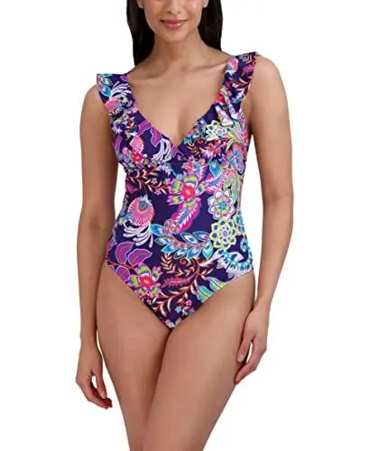 Produktbild: BCBGMAXAZRIA Damen Rüschen, einteilig, Bauchkontrolle, schnelltrocknend Badeanzug, Mitternacht/Ausflug, einfarbig (Midnight//Getaway Solids), XL