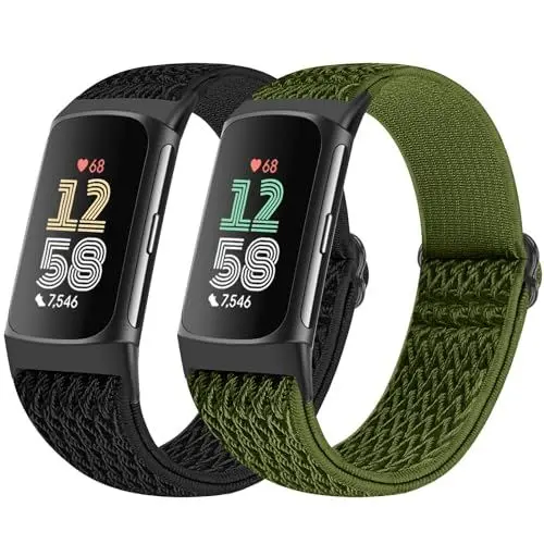 Produktbild: Bcuckood 2 Stück elastische Nylon Armband kompatibel mit Fitbit Charge 6/Fitbit Charge 5, verstellbares, atmungsaktives Ersatz-Stretch-Nylon-Schlaufen armband, Sportarmband für Damen und Herren
