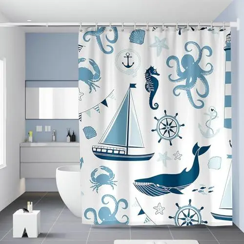 Produktbild: BCughia Duschvorhang 150x200CM, Duschvorhang Waschbar Anti Schimmel Fisch, Boot, Leuchtturm, Oktopus Polyester Shower Curtains Weiß Blau