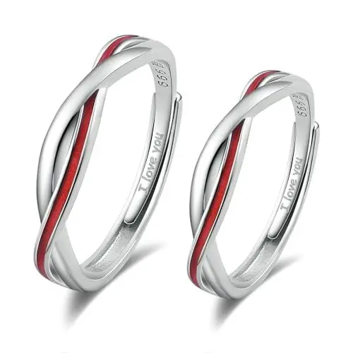 Produktbild: BCughia Eheringe Paarpreis Silber 999, Paar Ringe mit Gravur I Love You Rote Linie Unendlichkeit Verstellbar Trauringe Verlobungsringe Partnerringe