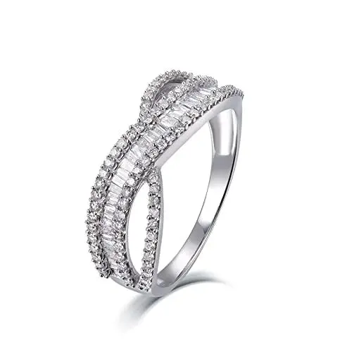 Produktbild: BCughia Engagement Ring, Ringe Platin Weiß Baguetteschliff Diamant 18 Karat Weißgold Kreuzförmiges Design Jubiläum Ringe Damen Größe 61(19.4)