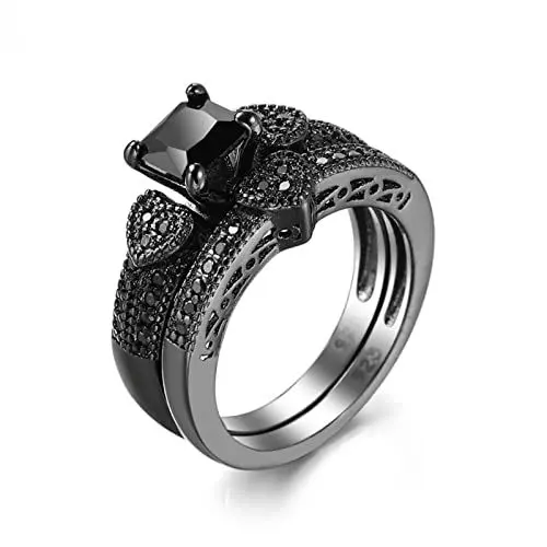 Produktbild: BCughia Melano Ring, Ringe Schmuck Herz Schwarz Quadrat Zirkonia Schwarz Rhodiniertes Silber Doppelring Herz mit Zirkon Verlobung Engagement Ring 60