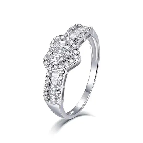 Produktbild: BCughia Ring Schmuck, 14 Karat Ring Weiß Baguetteschliff Diamant 14 Karat Weißgold Herz-Design Jubiläum Ringe Damen Größe 56(17.8)
