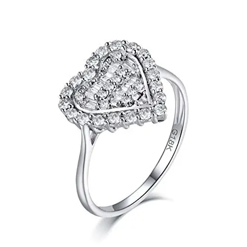 Produktbild: BCughia Ringe, Eheringe Aus Platin Weiß Baguetteschliff Diamant 18 Karat Weißgold Herz-Design Engagement Ringe Damen Größe 57(18.1)
