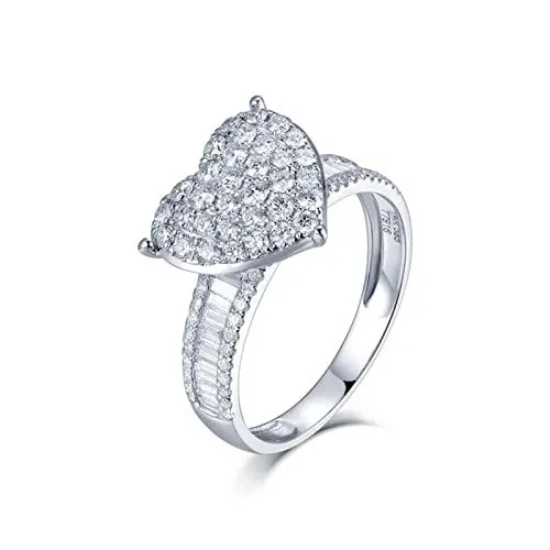 Produktbild: BCughia Wedding Ring, 14 Karat Ring Weiß Baguetteschliff Diamant 14 Karat Weißgold Herz-Design Versprechen Ringe Damen Größe 56(17.8)