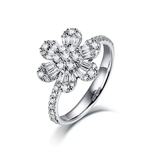 Produktbild: BCughia Zarter Ring, 14 Karat Ring Weiß Trapezschliff Diamant 14 Karat Weißgold Blumendesign Jubiläum Ringe Damen Größe 56(17.8)