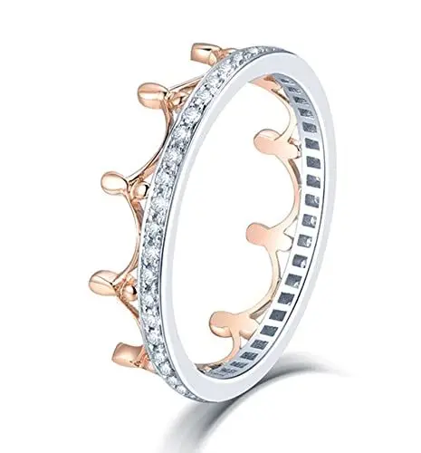 Produktbild: BCughia Zierlicher Ring, Ringe Platin Weiß Rundschliff Diamant 14 Karat Weißgold/Roségold Kronendesign Versprechen Ringe Damen Größe 63(20.1)