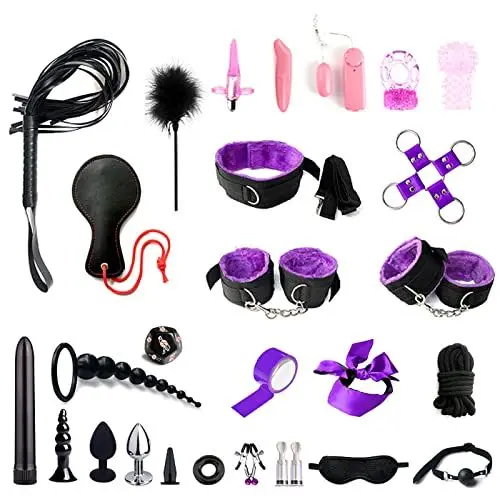 Produktbild: BDSM Fesseln Sex Set Perfekt Bondage Set 28 Stück,Handschellen Sex Bett und Anal Plug,Nippelklemmen Brustwarzen,Peitsche und Augenmaske,SM Sexspielzeug für Paare Extrem Sex Spielzeug Beide (Violett)