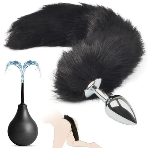 Produktbild: BDSMAGE Analplug Metall mit Fuchsschwanz + 89 ML Analdusche für Analverkehr,Buttplug Analspielzeuge Plugs Sexspielzeug Set erotisches Sex Spielzeug ab 18 für Paare Frauen extrem sex (Schwarz)