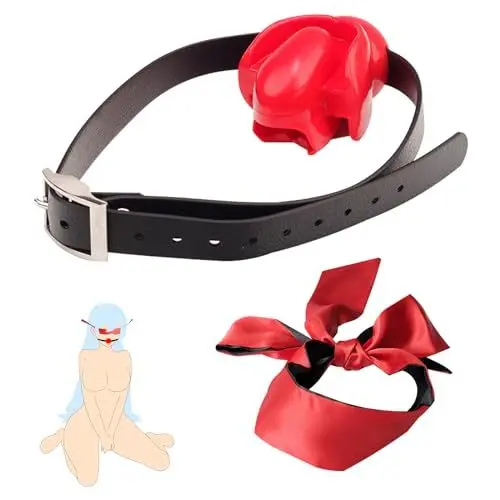 Produktbild: BDSMJOY Neu BDSM Silikon Ball Gag Zungenfixierung Knebel Mund Extrem,mit Satin Augenmaske SM Augenbinde,Einstellbar Ballknebel Mundknebel SM für Frauen,Fetisch Sklavin Bondageset Fessel Set (Rot)