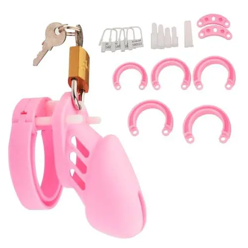 Produktbild: BDSMJOY Peniskäfig Silikon mit 5 Hodenringe für den Mann,Chastity Cage Male Keuschheitskäfig Keuschheitsgürtel für Herren Sex Spielzeug für die Männer extrem (Rosa, Kurz)