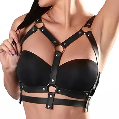 Produktbild: BDSMYEE Leder Harness, BDSM Dessous, BH Body Harness, Sexy Outfit für Damen, Domina, Rave, Fetisch Kleidung (F)