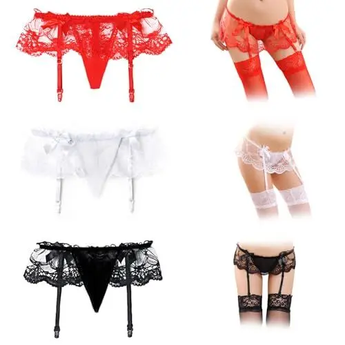 Produktbild: BDSMYEE Strumpfgürtel Damen 3 Set,Strumpfhalter mit Tanga,Sexy Spitze Wetlook Strumpfgürtel Strumpfband Strapsen Dessous Set Strapshalter Strapsgürtel (Schwarz+Rot+Weiß)
