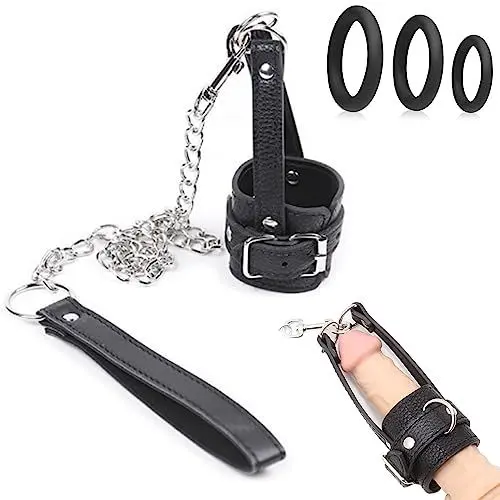 Produktbild: BDSMYOU Keuschheitskäfig Herren,Peniskäfig Penis Bondage SM Choker Halsband mit Leine & 3 Pennisring Dehnbar Silikon,BDSMs Spielzeug Extrem Sklavin,Lederhalsband Herren,BDSMs Spielzeug Hart