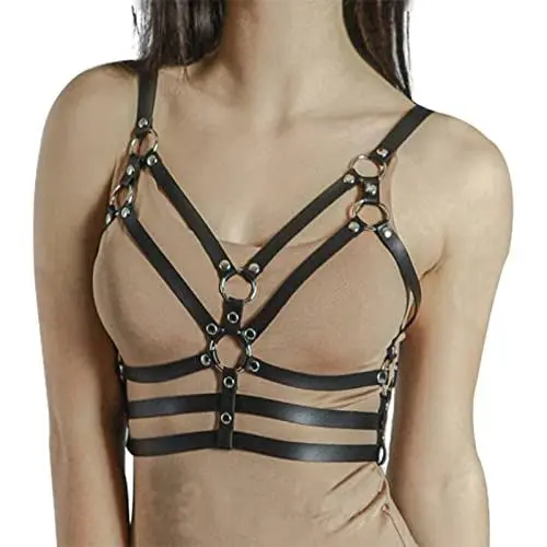Produktbild: BDSMYOU Punk Harness Leder Body Brust Harness mit Dreifacher Taille Fesseln, Einstellbar Gothic Kleidung Bondage Geschirre, Sexy Dessous für Sex Fetisch, BDSM Spielzeug