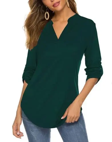 Produktbild: BDTECAOR Karriere Kleidung Damen Frühling 3/4 Ärmel Tunika V Ausschnitt Business Bluse Obereile Dunkelgrün XXL