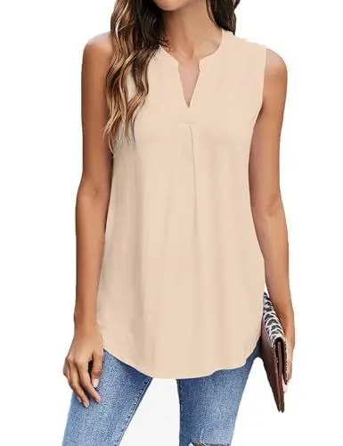 Produktbild: BDTECAOR Ärmellose Oberteile für Frauen Dressy, Trendy Business Lässige Arbeits Shirt V-Ausschnitt Sommer Blusen Tank Tops Beige L