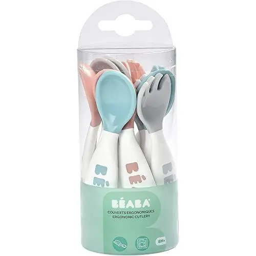 Produktbild: BEABA - Ergonomisches Erstlingsbesteck - 6 Löffel & 4 Gabeln - Kurzer, abgerundeter Griff - Babyfreundlich, Für Rechts- und Linkshänder geeignet - Grau/Blau/Rosa