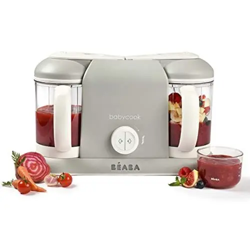 Produktbild: Béaba – Babycook Duo – 4-in-1 Babynahrungszubereiter – Mixen, Aufwärmen und Dampfgaren – Schnelles Dampfgaren in 15 Minuten – für Babys und Kleinkinder – XXL 2 x 200 ml Fassungsvermögen – grau