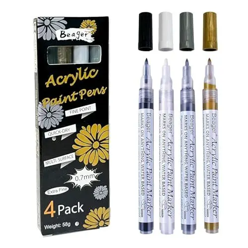 Produktbild: Beager Schwarz Weiß Gold Silber Acrylstifte, 0,7mm Permanent Marker Stifte Wasserfest Lackstift Acrylfarben Stifte Steine Bemalen Stifte für Holz Leinwand Keramik Metall Papier Glas Kunststoff 4Pcs