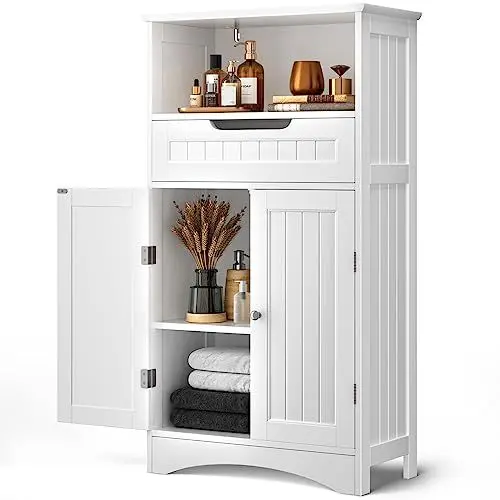 Produktbild: Bealife Badezimmerschrank, Badezimmer-Aufbewahrungsschränke mit großer Schublade, 2 Türen mit verstellbaren Regalen für Badezimmer, Wohnzimmer, Schlafzimmer, 108 x 60 x 30 cm, Weiß