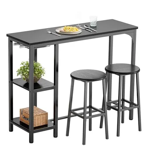 Produktbild: Bealife Bartisch mit Barhocker-Set, Kneipentisch-Set mit 2 Ablagen und Glashalter, Küchen-Bartisch-Set für Küche, Wohnzimmer, Esszimmer (Schwarz)