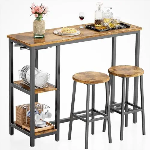 Produktbild: Bealife Bartisch mit Barhocker-Set für 2 Personen, Kneipentisch-Set mit 2 Ablagen und Glashalter, Küchen-Bartisch-Set für Küche, Wohnzimmer, Esszimmer (Retro)