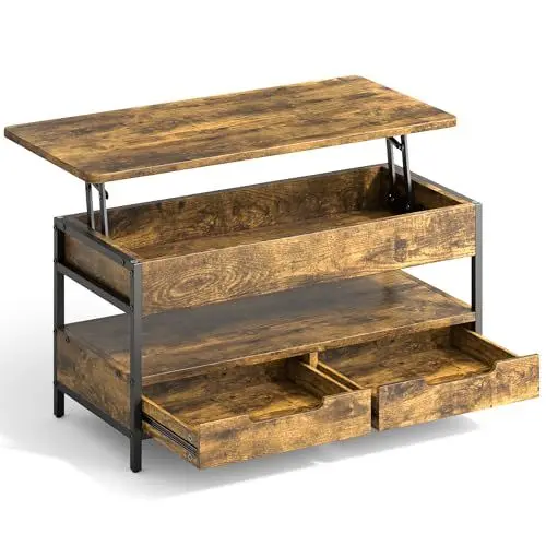 Produktbild: Bealife Couchtisch, höhenverstellbarer Wohnzimmertisch, mit 2 Schubladen, offenem Fach & verstecktem Stauraum, Stahlrahmen, belastbar bis 100 kg, 100 x 48 x (49-61) cm - (Retro)