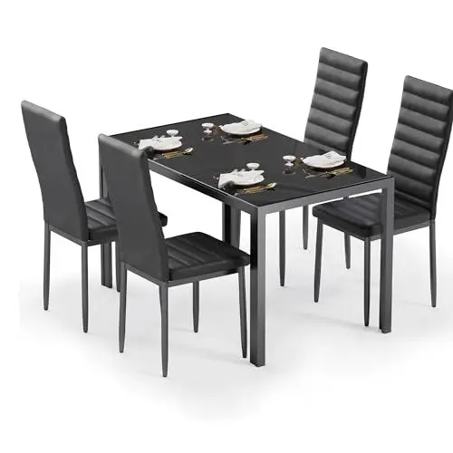 Produktbild: Bealife Esstisch mit 4 Stühlen Set, Esstisch und Stühle für 4 Personen, Esszimmer 6 Stühle und Tisch, Set mit Esstisch und Stühlen für Küche, Esszimmer und Wohnzimmer (Schwarz, 4stühle)