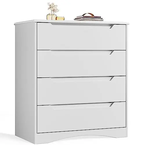Produktbild: Bealife Kommode Weiß, Schlafzimmer Kommode mit 4 Geräumige Schubladen, Schrank mit Schubladen mit Ausgeschnittenen Griffen und Kippsicherung, Schubladenschrank Ideal für Wohnzimmer, Büro